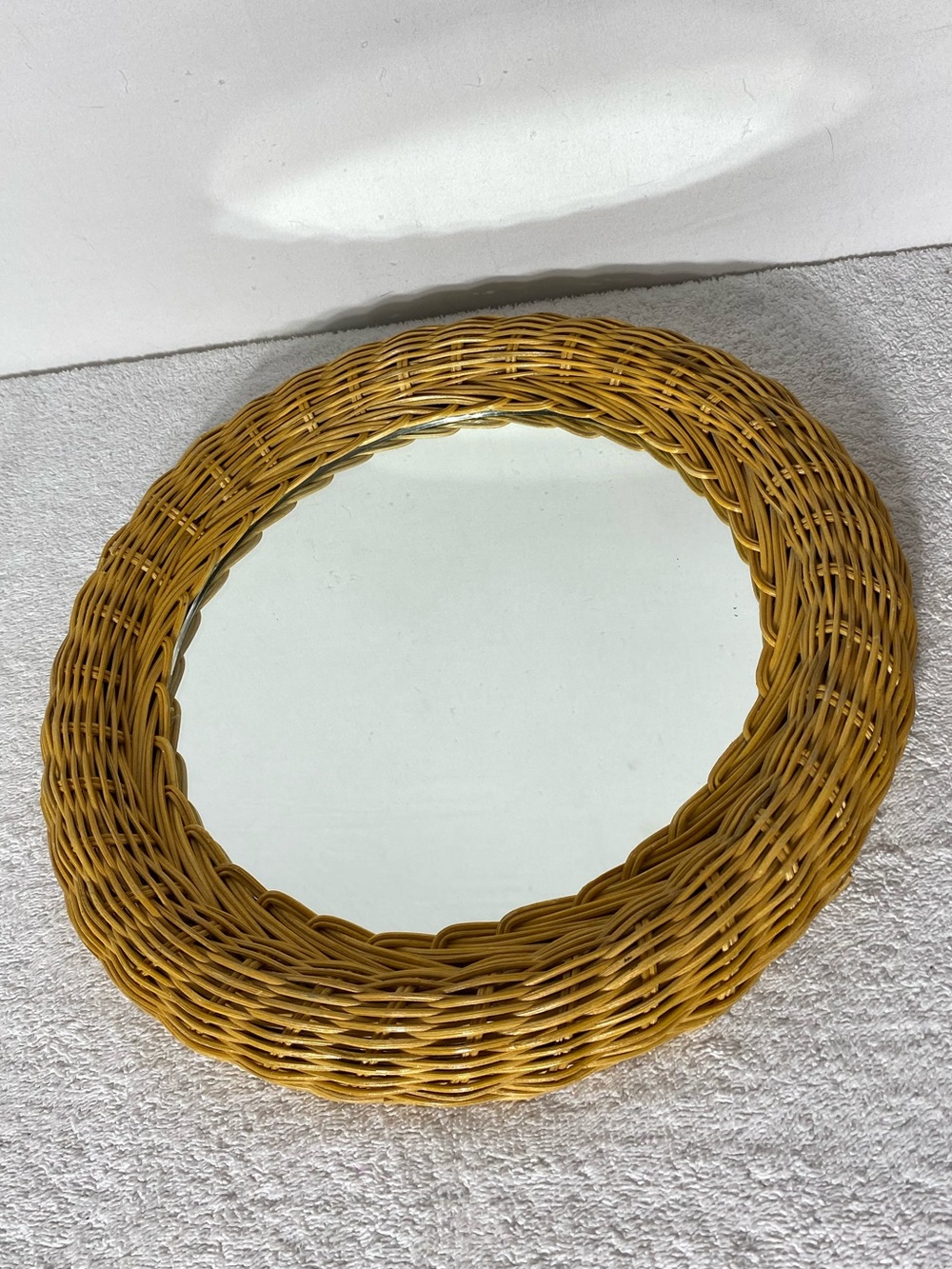Vintage 90s Round Wicker Framed Wall Mirror Cottagecore Nostalgia Boho Coastal